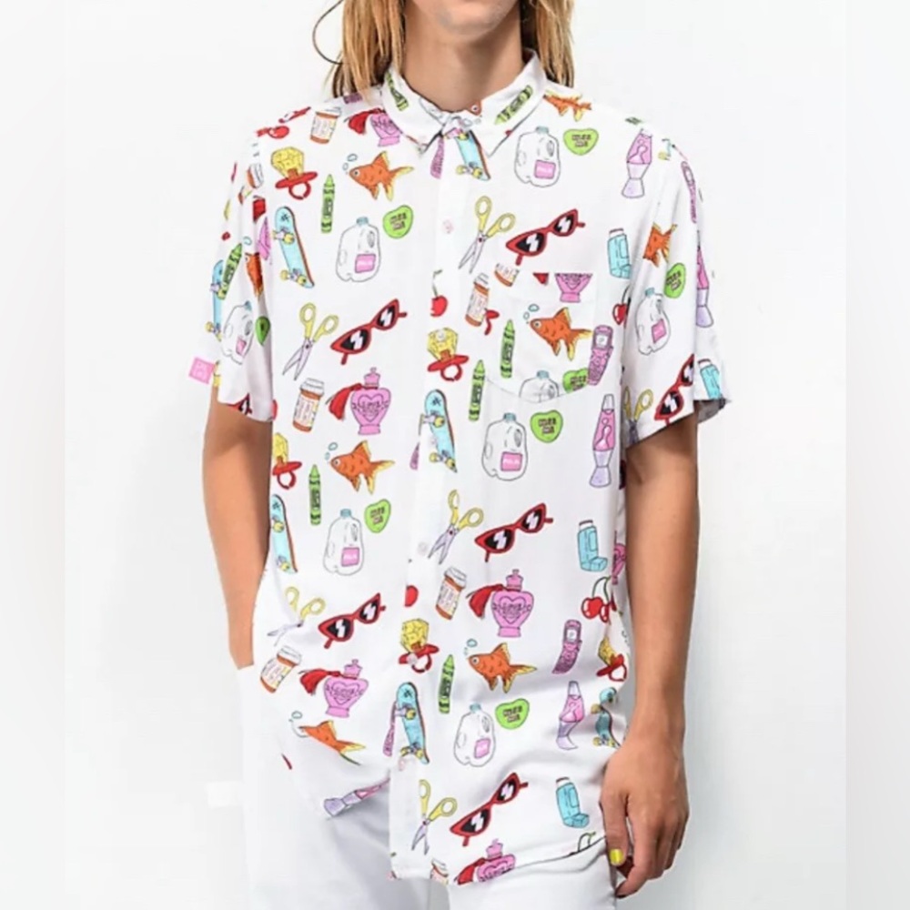 Salem7 Sticker Short Sleeve Button Up Shirt White‎ Multi Mens Salem 7 Medium